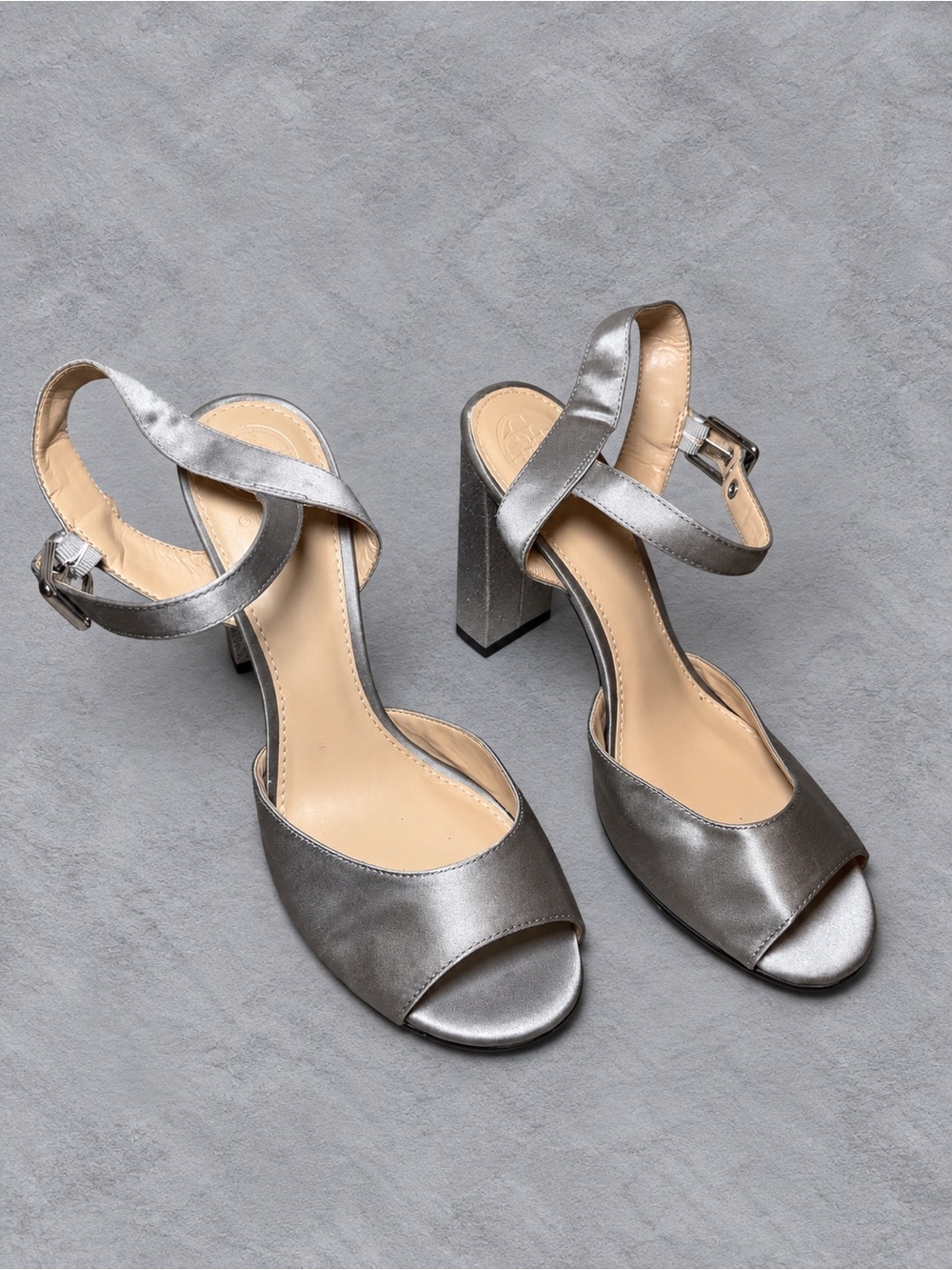 Guess Silver Metallic Block Heel Ankle Strap Sandals